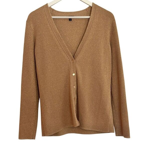 Talbots gold metallic ribbed vneck cardigan sweater m - Picture 2 of 10